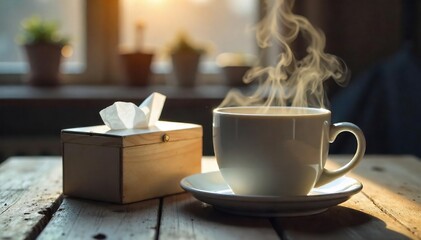 Steaming Mug and Tissues on Rustic Wood Cozy Winter Comfort, Cold Remedy, Illness