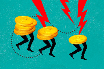 Full art sketch 3d collage image poster of anonym business people walk instead body dollar coin...