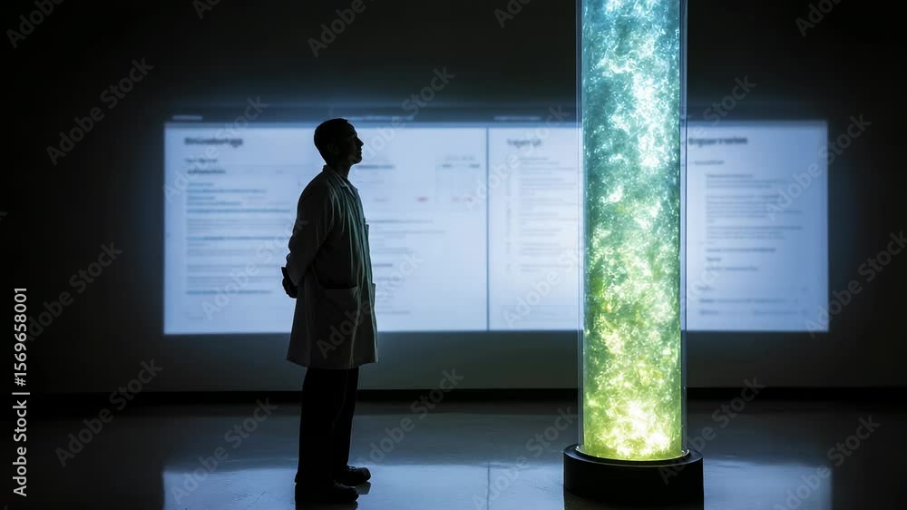 Poster scientist examines innovative technology in a modern lab environment during nighttime exploration of