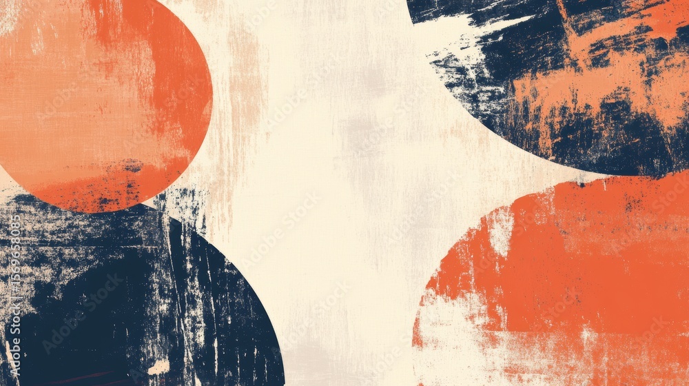 Poster abstract composition with circular forms in textured orange and dark blue