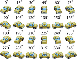 A set of 24 cartoon car from different angles. Rotation of the car in game style by 15 degrees for animation.  