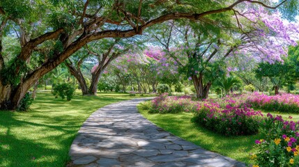 Obraz premium Peaceful garden walkway under a floral canopy with tropical flowers and sunlight filtering through leaves. A dreamy landscape with summer tones.