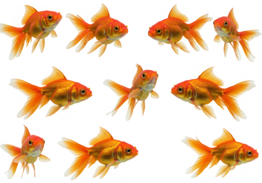 A group of vibrant orange goldfish swimming gracefully, isolated on transparent background