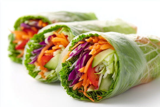 Vegetable wrap isolated on white background, Selective focus fresh vegetable roll for vegetarian, Healthy spring roll on white background.