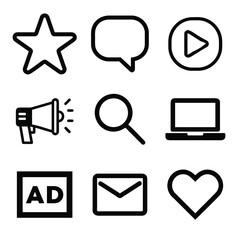 Marketing Strategy Icons Star, Chat, Play, Megaphone, Magnifying Glass, Laptop, Ad, Email, Heart