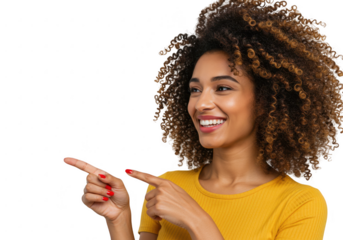 Smiling woman with curly hair pointing left isolated on transparent background
