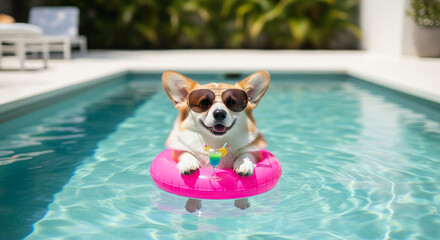 In the pool, a small stylish corgi dog in sunglasses and a swimming ring lies in the middle with a cocktail in his paws