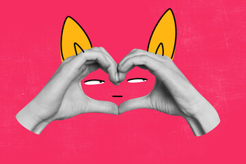 Image trendy art banner collage of human hands show heart affection gesture emoji eyeball stare...