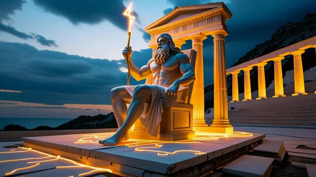 Zeus gesturing on throne overlooking sea. Ancient god holding torch on stone throne
