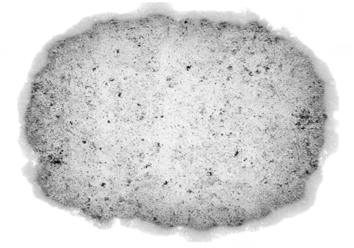 A grunge stain texture in black and white is isolated on transparent background, creating an abstract effect