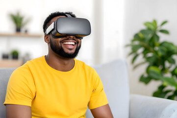 African American Man wearing virtual reality headset and smiling while experiencing immersive technology, symbolizing innovation, entertainment,gaming,for themes of VR,technology,digital experiences