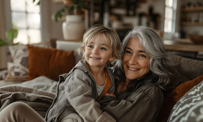 Happy grandmother and grandson cuddling on a cozy sofa in a warmly lit living room, ideal for themes of family love, joy, and intergenerational bonding