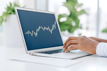 Hand working on a laptop displaying a financial chart with fluctuating data, symbolizing analysis, business strategies, and market trends, ideal for finance or corporate content