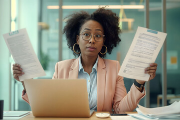 Businesswoman working with documents at her desk, ideal for concepts of office stress, multitasking, professional challenges, corporate life, and modern workplace productivity in contemporary setting