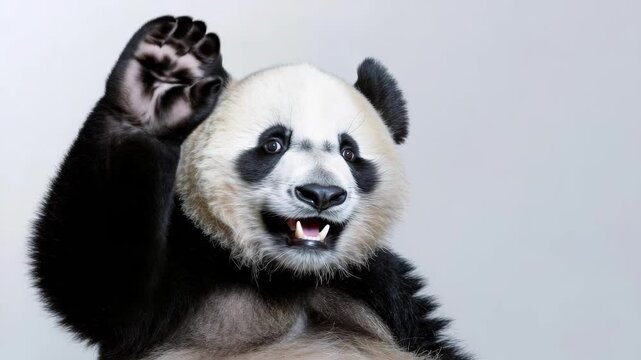 A panda waves with a bright smile under studio lighting, embodying a playful character perfect for a mascot or animated greeting.