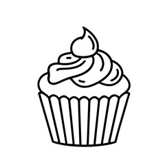 A simple black and white illustration of a delicious cupcake with swirled frosting on top.
