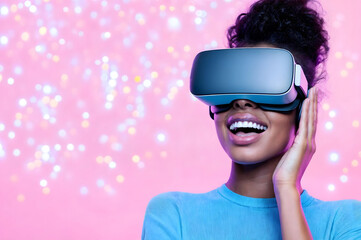 African American Woman enjoying virtual reality experience VR headset against background,representing technology,gaming,entertainment,futuristic innovation,immersive experiences,digital exploration