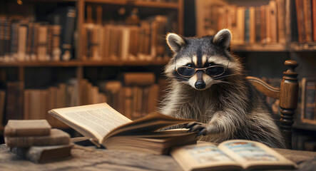 Raccoon wearing small glasses flipping through books in a library, symbolizing curiosity, intelligence, education, and a whimsical charm in a cozy and academic environment
