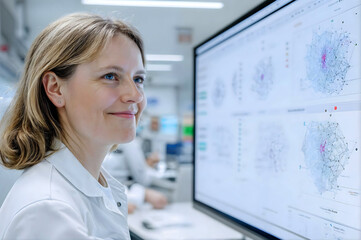 Portrait female researcher looking at complex data visualizations on monitor in modern scientific laboratory,conveys themes innovation,data analysis,artificial intelligence, healthcare,biotechnology