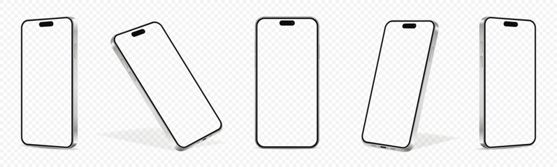 Realistic smartphone mockup. Mobile phone with transparent screen in different positions isolated on transparent background.