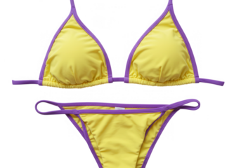 A yellow and purple bikini swimsuit isolated on transparent background, perfect for summer beach vacation