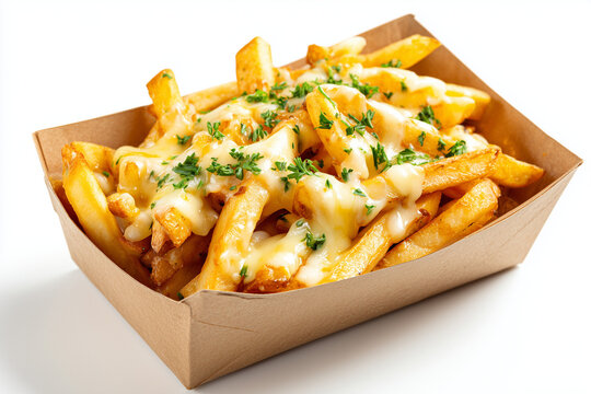 Cheesy fries with parsley in carton tray isolated on white background, Selective focus crispy french fries with melting cheddar cheese in carton box for delivery.