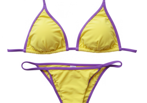 A yellow and purple bikini swimsuit isolated on transparent background, perfect for summer beach vacation