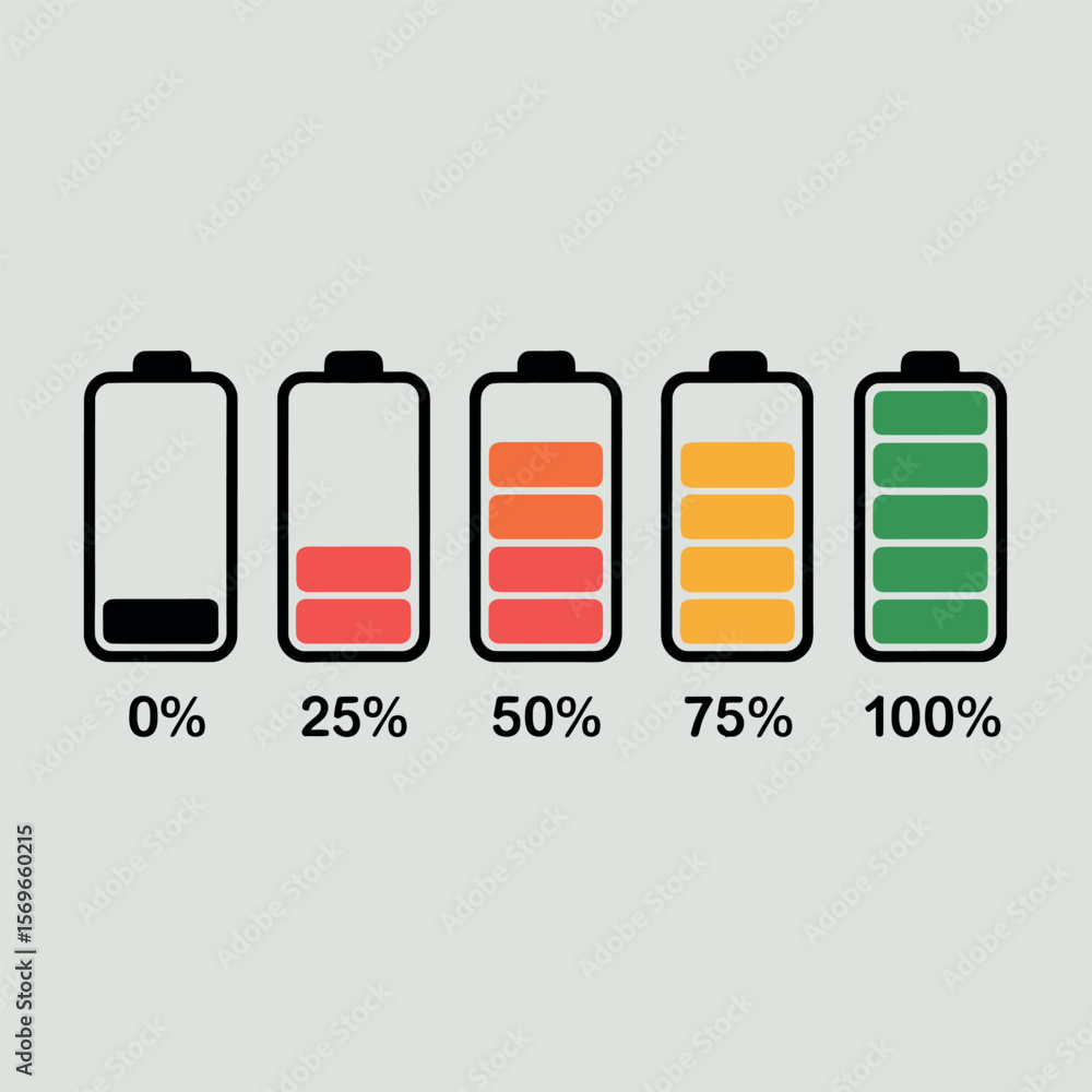 Poster horizontal set of five battery icons representing different charge levels and power status