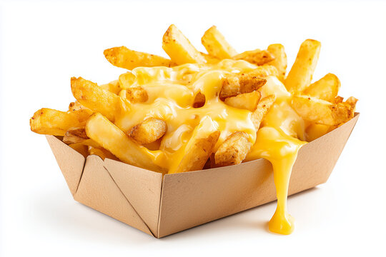 Cheesy fries in carton tray isolated on white background, Selective focus crispy french fries with melting cheddar cheese in carton box for delivery.