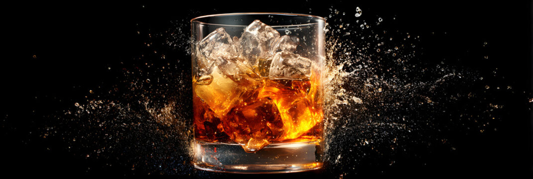 Premium tequila whiskey glass with ice cubes splash effect, dynamic liquid motion, luxury spirits presentation for modern beverage branding and advertising