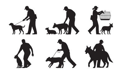 Silhouettes of people interacting with dogs in various activities