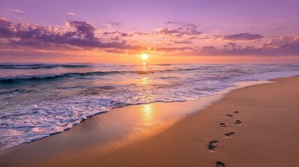 Fototapeta premium Serene Sunset Beach Scene Footprints in Sand Ocean Waves Golden Hour Peaceful Coastal Landscape