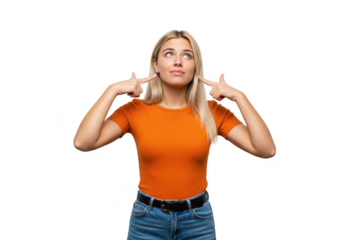 Young woman pointing to her temples with a thoughtful expression isolated on transparent background