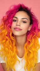 Fototapeta premium Vibrant Pink and Yellow Ombre Hair on a Young Woman Stylish Curly Hairstyle Beauty Portrait
