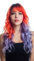 Fototapeta premium Young Woman with Vibrant Two Tone Hair Red and Purple Ombre Style Fashionable Hairstyle Portrait