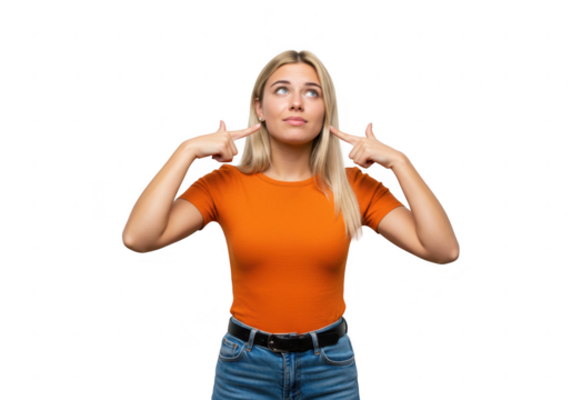 Young woman pointing to her temples with a thoughtful expression isolated on transparent background