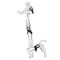 Acrobatic, balance, performance, cooperation concept. Hand drawn acrobats on static scene . Isolated vector illustration , acrobatics, gymnastic sketch illustration.