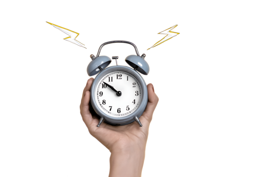 Collage with classic ringing alarm clock in a hand jtkukt .png