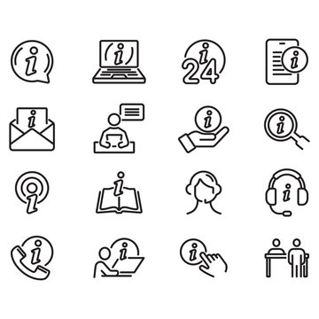 Collection of information icons. Line style vector. Contains icons such as news reader, information book, call canter and more.