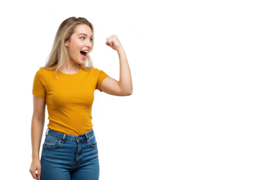 Excited young woman flexing her bicep isolated on transparent background