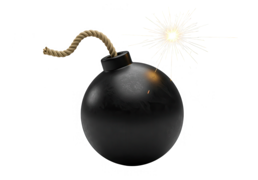 A cartoon black bomb with a lit fuse is isolated on transparent background