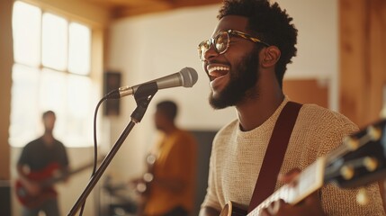 Music group performs in cozy studio while enjoying creative session and vibrant energy