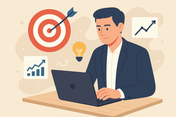 Business goal setting and digital strategy. Professional working on laptop with goal target achievement icon, business analytics, success, innovation. Vector illustration concept.