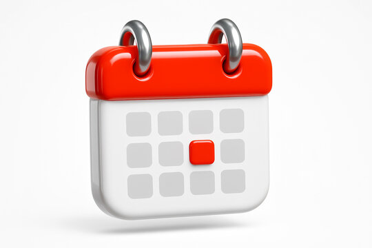 Professional 3D plastic calendar with date grid, reflective surface and red binder bar, clean design for scheduling visuals