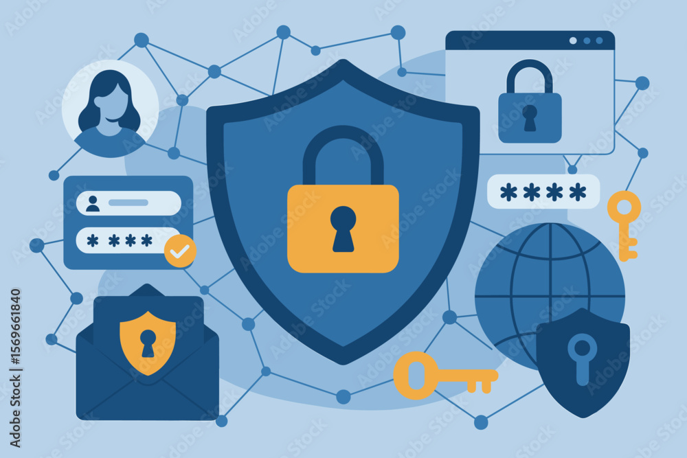 Poster cybersecurity concept, secure user data access, information security, encryption, internet protectio