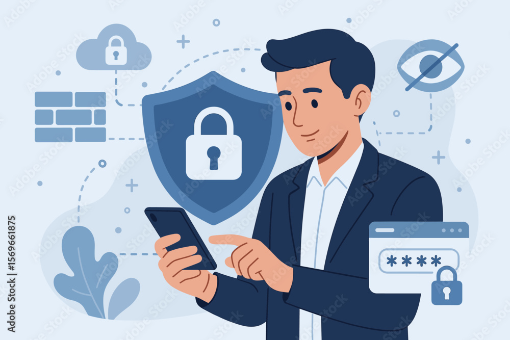 Poster cybersecurity privacy data protection concept – businessman using smartphone, secure encryption tech