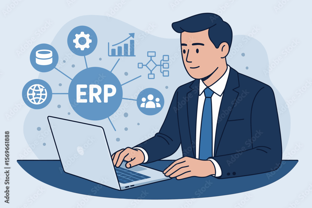 Poster erp system integration concept. businessman in suit using laptop with digital erp interface, automat