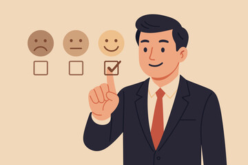 Customer Satisfaction Feedback Concept. Businessman in Suit Touches Virtual Screen, Selects Happy Smiley Face Icon, Service Rating, Positive Review, Client Experience, Survey, Evaluation