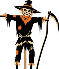 Evil Cartoon Scarecrow with Scythe – Halloween Horror Vector Illustration