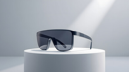 Ai powered smart glasses on minimalist pedestal with sleek black frame and dark lenses under soft spotlight